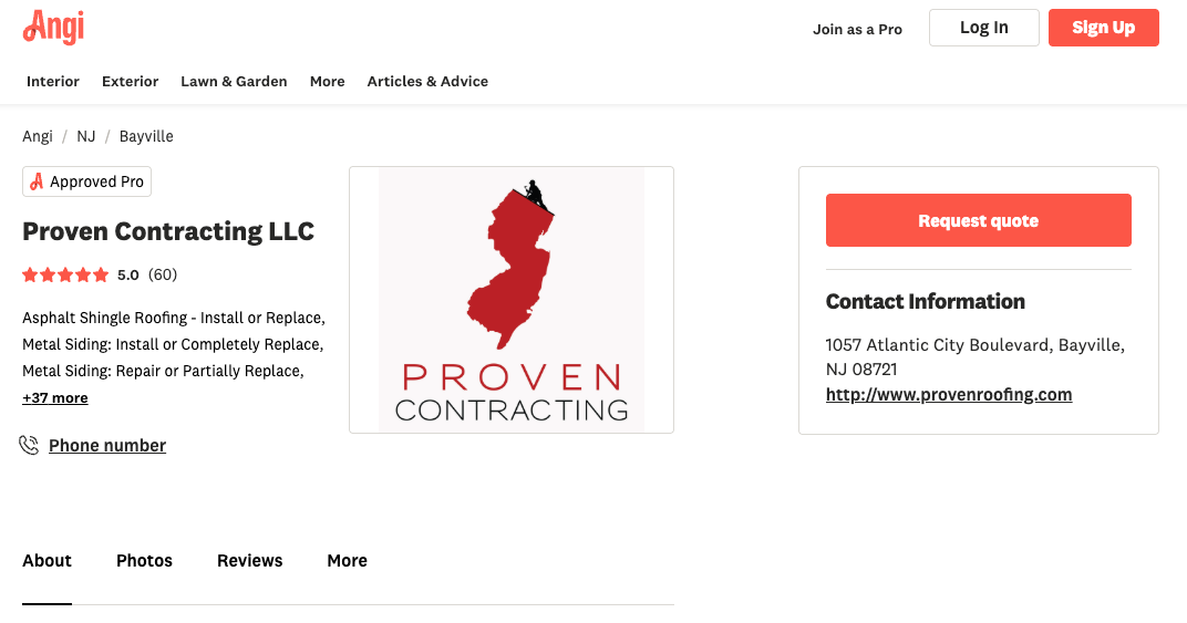 Proven Contracting LLC Angi profile showing 5-star rating and Approved Pro status in Bayville NJ