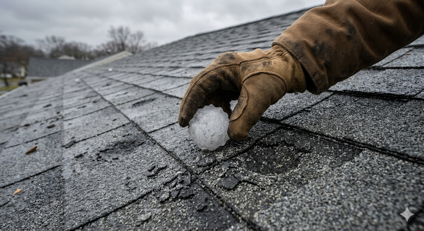 Roofer holding hail on a damaged asphalt shingle roof showing granule loss in New Jersey