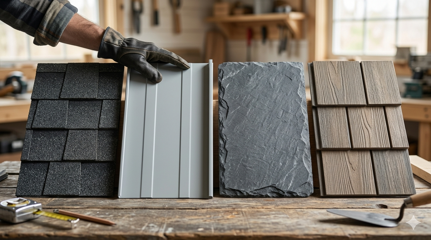 Roofing material samples including asphalt shingles, metal, slate, and wood shake