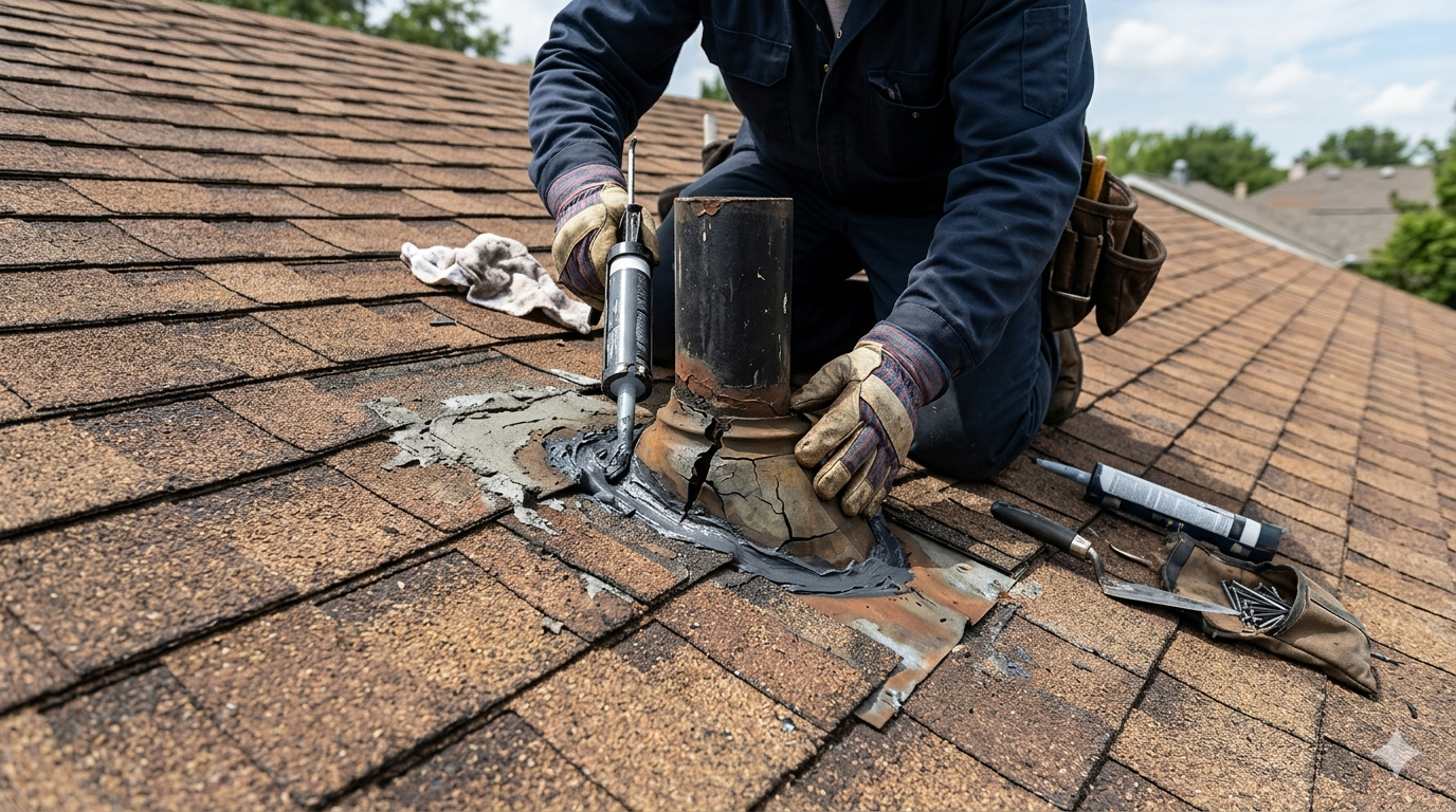 Roofer repairing cracked flashing around a vent boot on an asphalt shingle roof